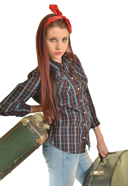 Ung kvinna med valises — Stockfoto