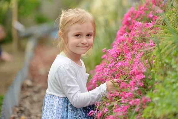 Klein meisje in de tuin met bloemen — Stockfoto