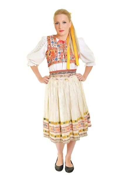 Žena oblečená na slovenský folklor šaty — Stock fotografie