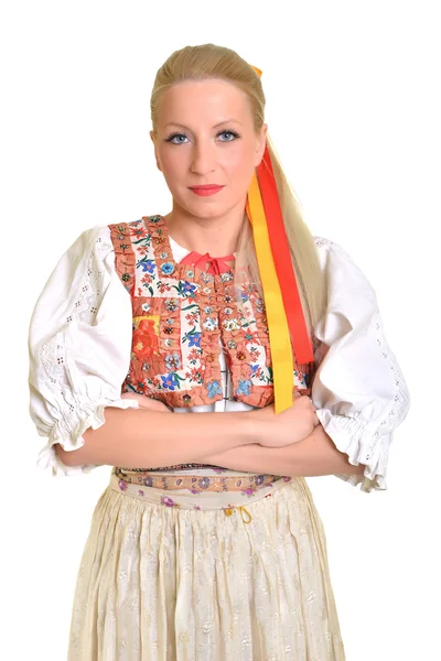 Žena oblečená na slovenský folklor šaty — Stock fotografie