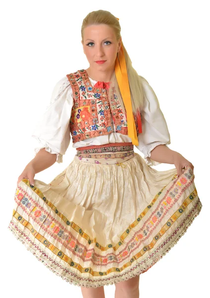 Mujer vestida con vestido de folclore eslovaco — Foto de Stock