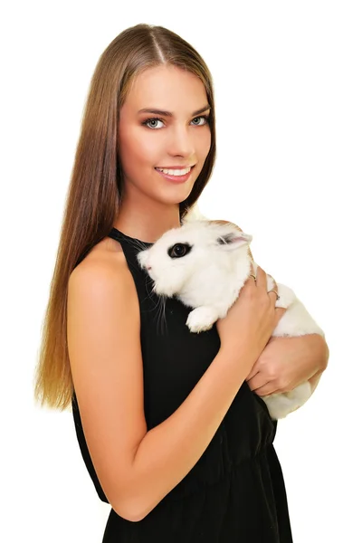 Woman with white rabbit — Stock Photo, Image