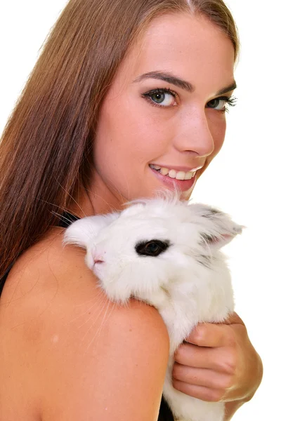 Woman with white rabbit — Stock Photo, Image