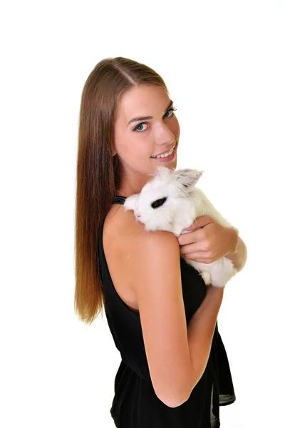 Beyaz tavşan kadınla — Stok fotoğraf
