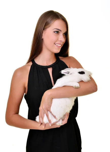 Mujer con conejo blanco —  Fotos de Stock