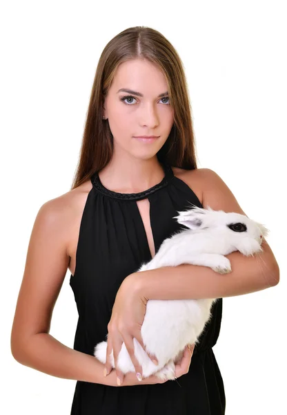 Beyaz tavşan kadınla — Stok fotoğraf