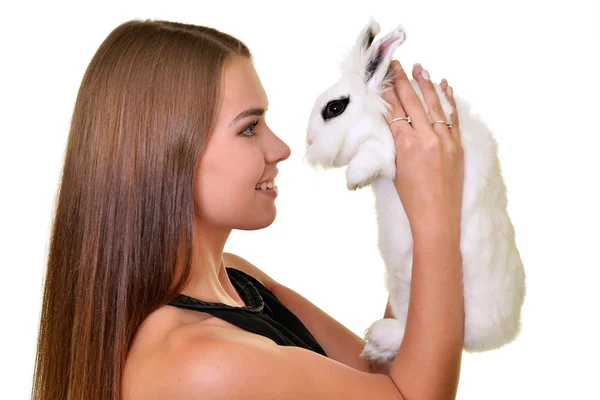 Woman with white rabbit — Stock Photo, Image