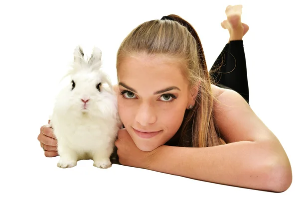 Woman with white rabbit — Stock Photo, Image