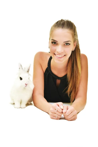 Portrait of beautiful lady with white rabbit — Stock Photo, Image