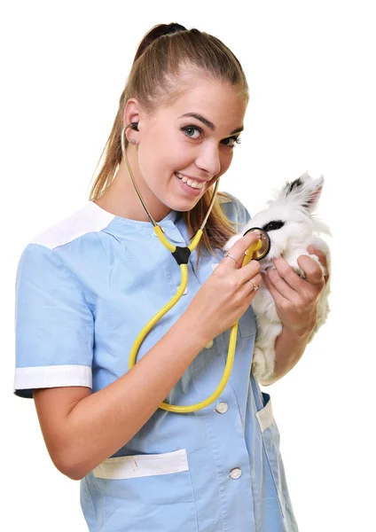 Sonriente veterinario sosteniendo y examinando lindo conejo blanco — Foto de Stock