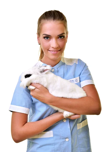 Veterinário sorrindo segurando e examinando coelho branco bonito — Fotografia de Stock