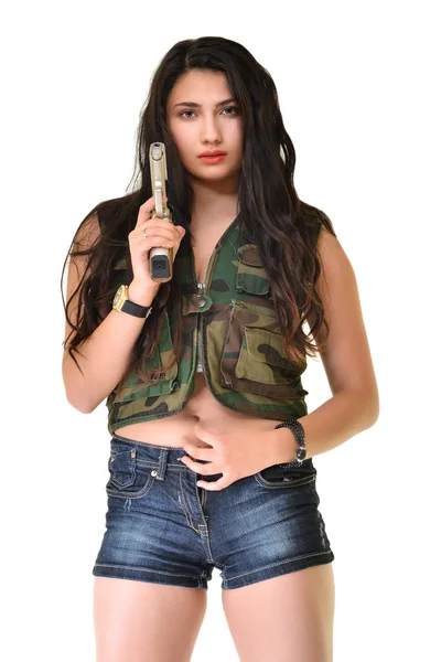 Beautiful woman with gun — Stock Photo, Image