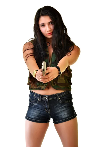 銃を持った若い女性は — ストック写真