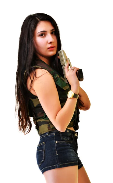 Ung kvinna med pistol — Stockfoto