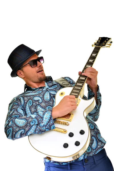 흰색 배경에 고립 된 기타리스트 교사 — 스톡 사진