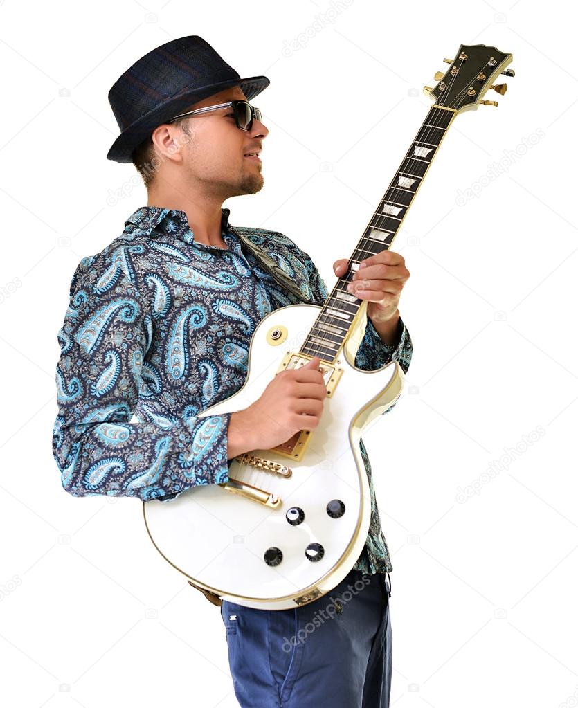 Guitarist teacher isolated on white background