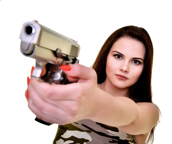 Mulher bonita com arma — Fotografia de Stock