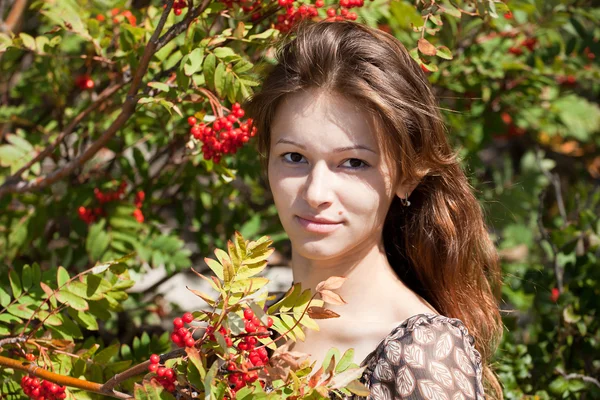 Girl and red rowan — Stock Photo, Image