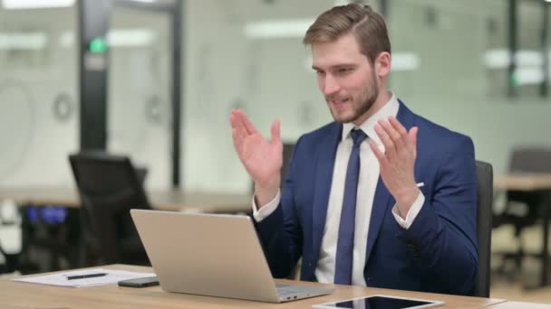 Businessman Talking on Video Call on Laptop — Stock Video