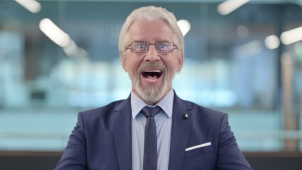 Retrato del exitoso viejo hombre de negocios celebrando — Vídeos de Stock