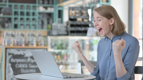 Successful Young Woman Celebrating on Laptop — Stock Photo, Image