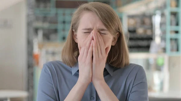 Portrait of Young Woman Sneezing, Feeling Unwell — Stock Photo, Image