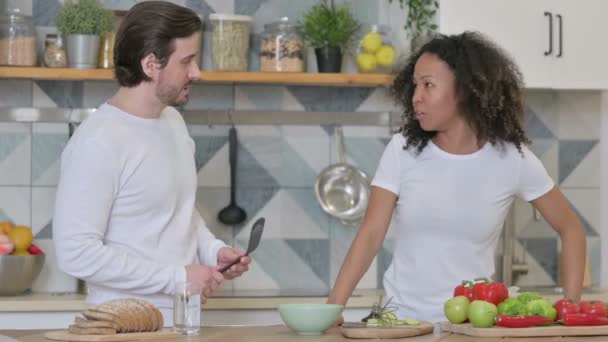 Mixed Race Couple Arguing in Kitchen — Stock Video