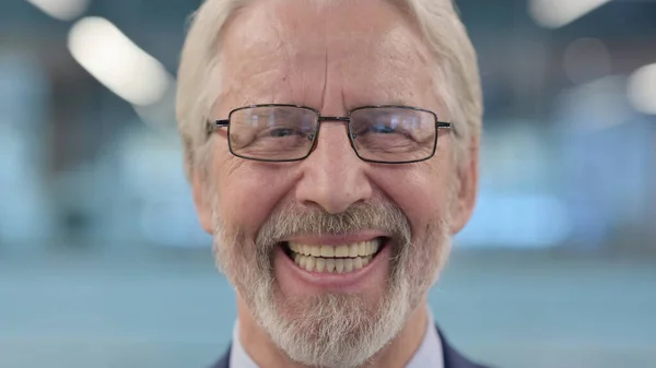 Gezicht Close-up van de oude zakenman glimlachen op de camera — Stockfoto