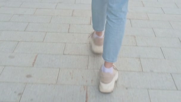 舗装上を歩く女の足のショットを閉じます,バックビュー — ストック動画