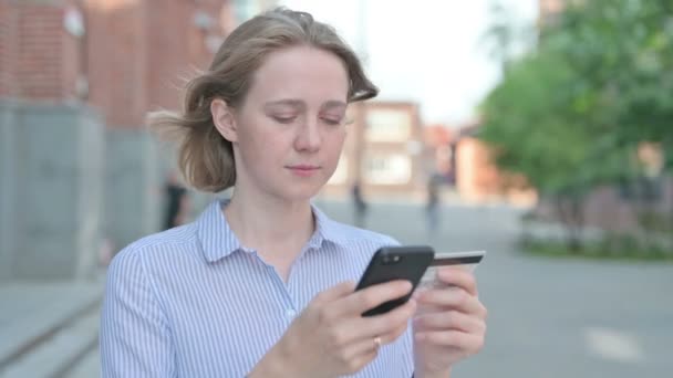 Portrait of Woman having Online Payment Success on Smartphone — Stock Video