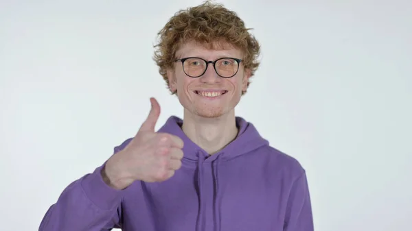 Thumbs Up by Redhead Young Man on White Background — ストック写真