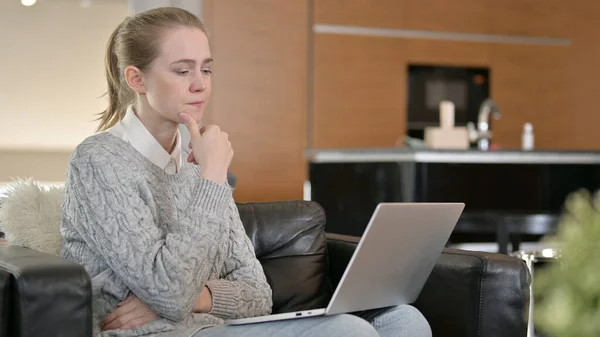 Woman Thinking and Working on Laptop at Home — Stock Photo, Image