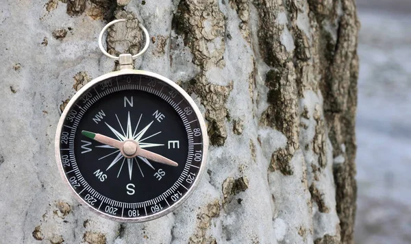 Klasyczny Kompas Nawigacyjny Naturalnym Tle Jako Symbol Turystyki Kompasem Podróże — Zdjęcie stockowe
