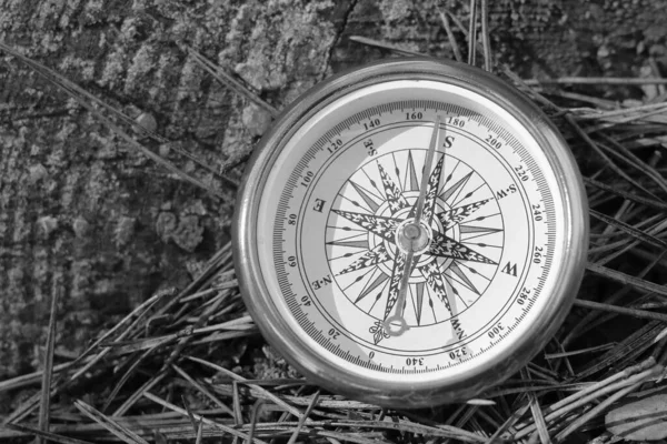 经典的自然背景导航指南针 是旅游指南针 旅游指南针 户外活动指南针的象征 — 图库照片