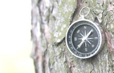 Pusula ile turizmin sembolü olarak doğal arka planda klasik navigasyon pusulası, pusula ile seyahat ve pusula ile açık hava aktiviteleri