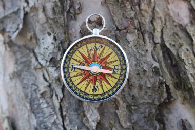 Pusula ile turizmin sembolü olarak doğal ahşap arka planda yuvarlak pusula, pusula ile seyahat ve pusula ile açık hava aktiviteleri
