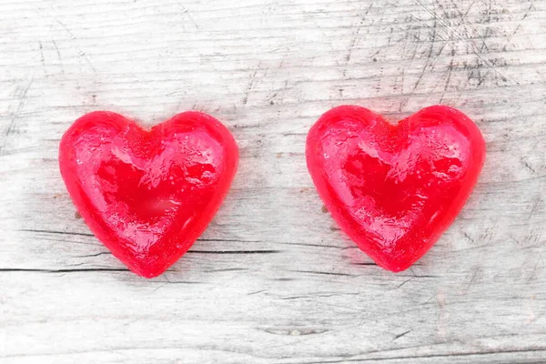 Two Red Hearts Natural Wooden Background Loving Heart Symbol Wedding — Stock Photo, Image