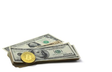Bir bitcoin ve beyaz arka planda izole edilmiş Amerikan doları