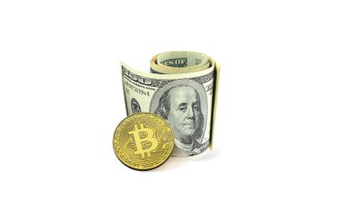Bir bitcoin ve beyaz arka planda izole edilmiş Amerikan doları