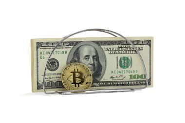 Bir bitcoin ve beyaz arka planda izole edilmiş Amerikan doları