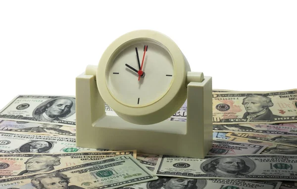 Alte Klassische Uhr Auf Amerikanischem Dollar Isoliert Auf Weißem Hintergrund — Stockfoto