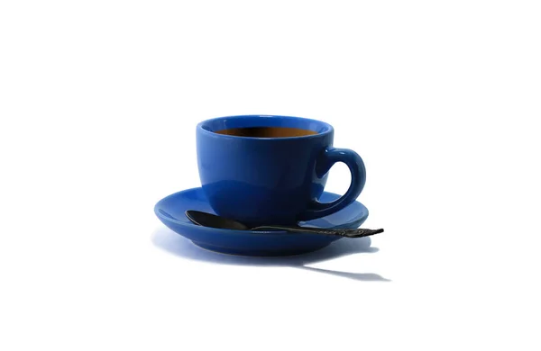 Niebieska Filiżanka Herbaty Spodek Herbaty Żelaza Łyżeczka Izolowane Białym Tle — Zdjęcie stockowe