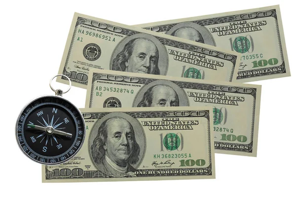 Okrągły Kompas Papierowym Dolarze Odizolowany Białym Tle Jako Symbol Turystyki — Zdjęcie stockowe