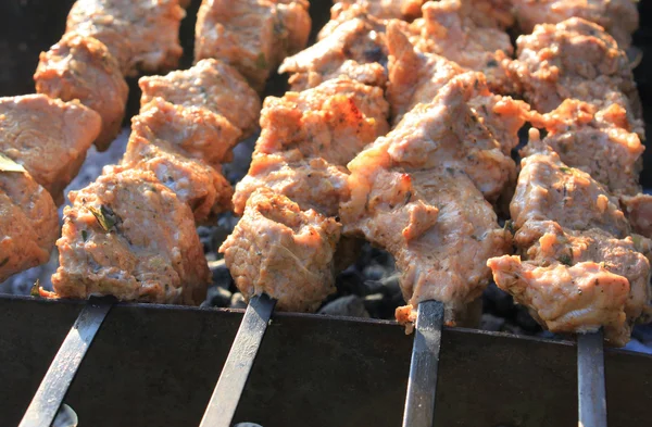 Grelhar shashlik na churrasqueira. Carne de porco suculenta — Fotografia de Stock