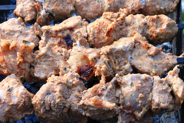 Grelhar shashlik na churrasqueira. Carne de porco suculenta — Fotografia de Stock