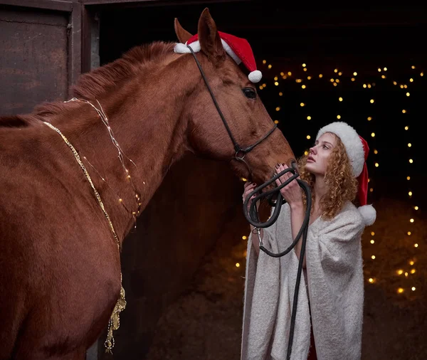 Mooi Krullend Meisje Een Kerstman Hoed Met Een Rood Paard — Stockfoto