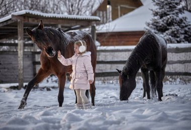 Güzel küçük kız kışın bir at yanında yürür.