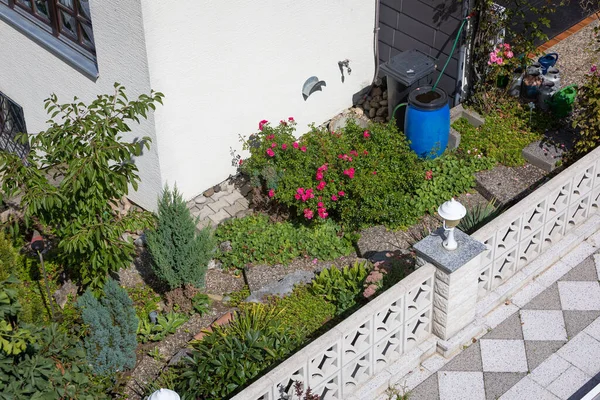 Gartendetail Mit Steinmauer Und Rosen — Stockfoto