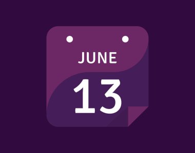 13 Haziran, 13 Haziran Tek Gün Takvim Vektörü illüstrasyonu