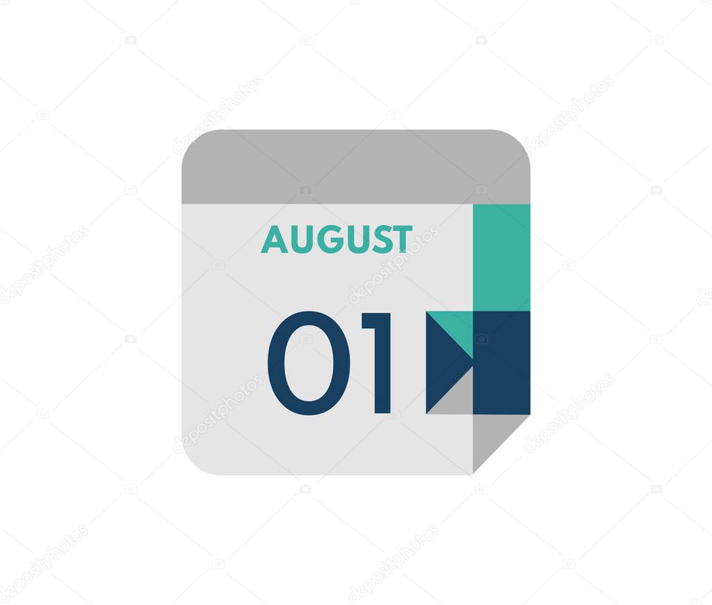 August 1 flat daily calendar date, 1 August Single Day Calendar  Icon